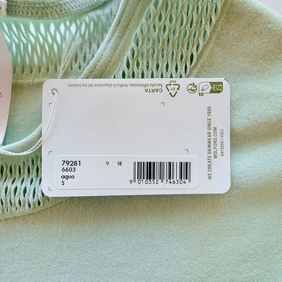 NWT Wolford Net Lines Body Laser-Cut Short Sleeve Bodysuit in Aqua Size Small - Picture 10 of 14